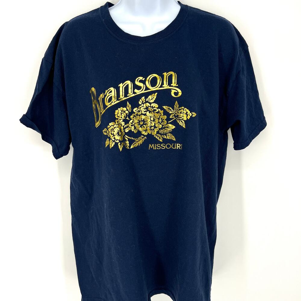 Branson Missouri Souvenir Travel T Shirt Gildan Navy Blue Gold Foil Graphic Sz L